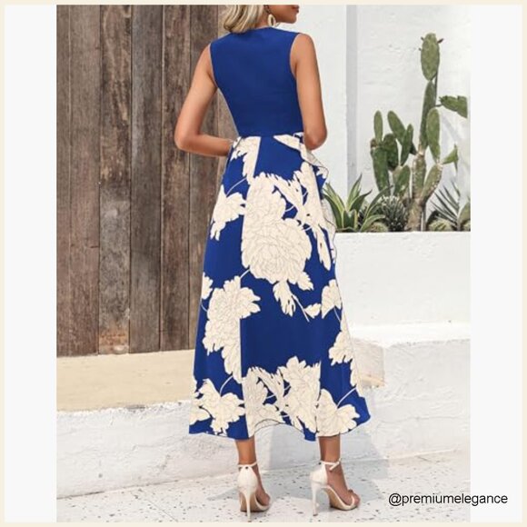 Sleeveless Midi Dress Crewneck Patchwork Boho Floral Ruffle A-Line Summer - Picture 5 of 7